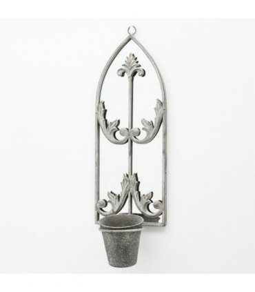 Elegant Rustic Arched Garden Wall Mirror with Flower Pot Holder - Patina Finish, Glass & Metal Frame, 60cm Height - Perfect Planter for Balcony, Porch & Outdoor Aesthetics (1, Floral Design)