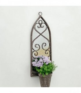 Elegant Rustic Arched Garden Wall Mirror with Flower Pot Holder - Patina Finish, Glass & Metal Frame, 60cm Height - Perfect Planter for Balcony, Porch & Outdoor Aesthetics (1, Antique Design)