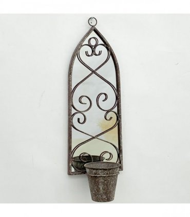 Elegant Rustic Arched Garden Wall Mirror with Flower Pot Holder - Patina Finish, Glass & Metal Frame, 60cm Height - Perfect Planter for Balcony, Porch & Outdoor Aesthetics (1, Antique Design)