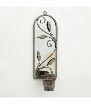 Distressed Metal Grey 64CM Wall Mirror with Single Planter - Antique Finish