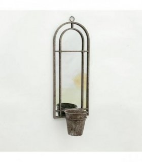 Elegant Rustic Arched Garden Wall Mirror with Flower Pot Holder - Patina Finish, Glass & Metal Frame, 60cm Height - Perfect Planter for Balcony, Porch & Outdoor Aesthetics (1, Round Shape Design)