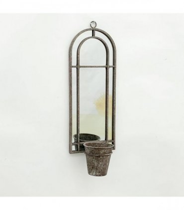 Elegant Rustic Arched Garden Wall Mirror with Flower Pot Holder - Patina Finish, Glass & Metal Frame, 60cm Height - Perfect Planter for Balcony, Porch & Outdoor Aesthetics (1, Round Shape Design)