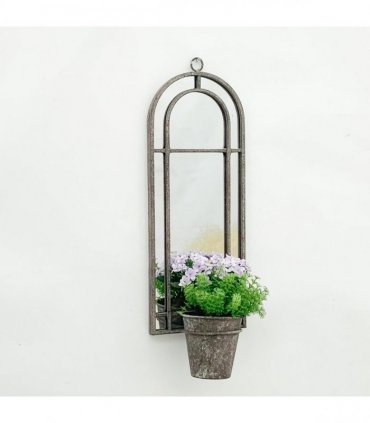Elegant Rustic Arched Garden Wall Mirror with Flower Pot Holder - Patina Finish, Glass & Metal Frame, 60cm Height - Perfect Planter for Balcony, Porch & Outdoor Aesthetics (1, Round Shape Design)