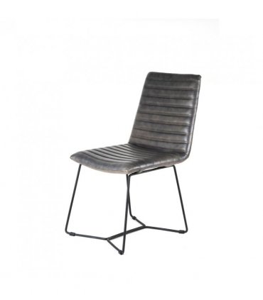 AcaciaHome Durable and Stylish Vintage Dark Grey Real Leather Dining Chair with Industrial Black Metal Base - Comfortable Padded Seat, Perfect for Dining Room, Home Office, or Living Room