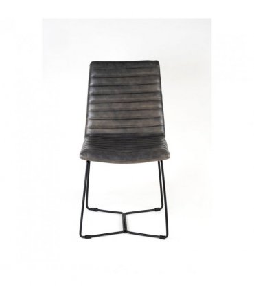 AcaciaHome Durable and Stylish Vintage Dark Grey Real Leather Dining Chair with Industrial Black Metal Base - Comfortable Padded Seat, Perfect for Dining Room, Home Office, or Living Room