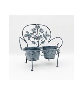 AcaciaHome Elegant Double Bench Plant Stand - 2 Pot Metal Flower Display Rack for Indoor & Outdoor Use, Weatherproof Finish, Modern Design Perfect for Porches, Balconies, and Flower Beds (Grey)