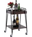 Stylish & Elegant Rectangular Drinks Trolley with 2 Wooden Shelves 75cm - Polished Handle Bar Cart Table for Home Decor, Dining Room - Sturdy Metal Frame with Glossy Finish (Black)