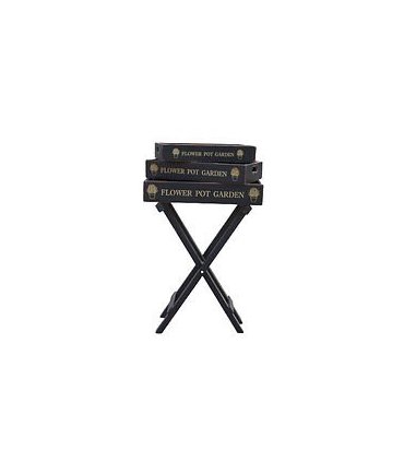 Elegant & Functional Vintage Butlers Tray Set with Stand - 3 Wooden Rectangular Trays with Handles - Durable Painted Finish for Indoor/Outdoor Use with Foldable Design (Dark grey Flowers Pot Garden)