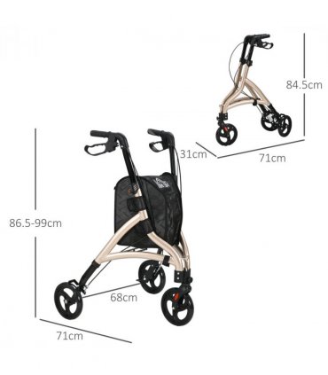 HOMCOM Lightweight Aluminium 3-Wheel Rollator with Adjustable Handle Storage Bag