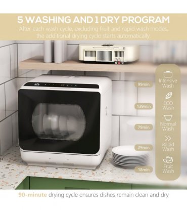 HOMCOM Table Top Dishwasher w/ 4 Place Settings 6 Programmes Fruit Wash Mode