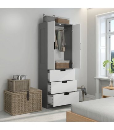 HOMCOM 2 Door Wardrobe Grey Wardrobe with 3 Drawer and Hanging Rod for Bedroom