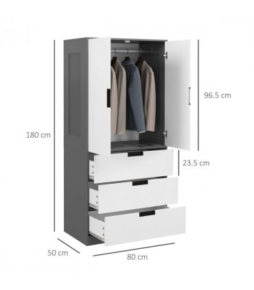 HOMCOM 2 Door Wardrobe Grey Wardrobe with 3 Drawer and Hanging Rod for Bedroom