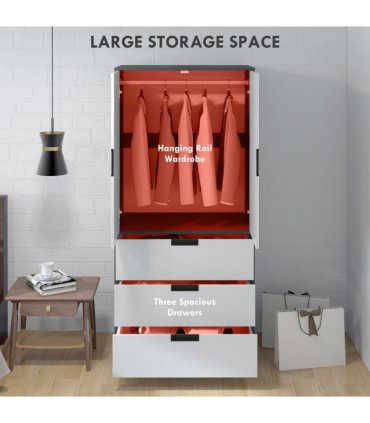 HOMCOM 2 Door Wardrobe Grey Wardrobe with 3 Drawer and Hanging Rod for Bedroom