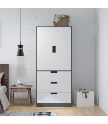 HOMCOM 2 Door Wardrobe Grey Wardrobe with 3 Drawer and Hanging Rod for Bedroom