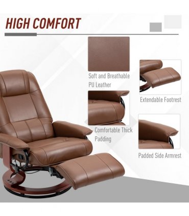 HOMCOM Ergonomic Office Recliner Sofa Chair PU Leather Armchair Lounger Brown