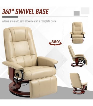 HOMCOM Ergonomic Office Recliner Sofa Chair PU Leather Armchair Lounger Cream