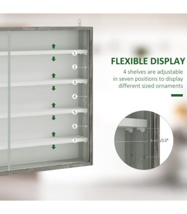 HOMCOM 5-Tier Wall Display Shelf Unit Cabinet w/ Shelves Glass Doors Grey Wood