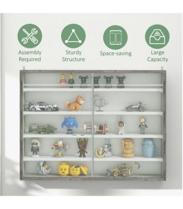 HOMCOM 5-Tier Wall Display Shelf Unit Cabinet w/ Shelves Glass Doors Grey Wood