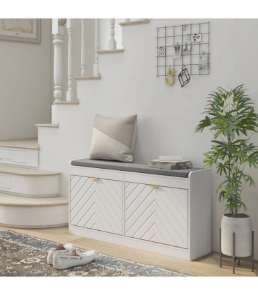 HOMCOM Shoe Bench with 2 Flip Drawers, Cushion, 8 Pairs for Entryway White