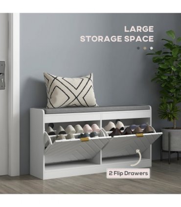 HOMCOM Shoe Bench with 2 Flip Drawers, Cushion, 8 Pairs for Entryway White