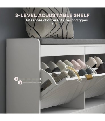 HOMCOM Shoe Bench with 2 Flip Drawers, Cushion, 8 Pairs for Entryway White
