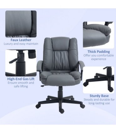 HOMCOM Faux Leather Home Office Chair Mid Back Desk Chair with Arms Dark Grey