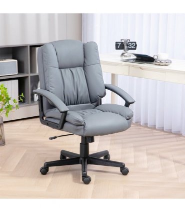 HOMCOM Faux Leather Home Office Chair Mid Back Desk Chair with Arms Light Grey