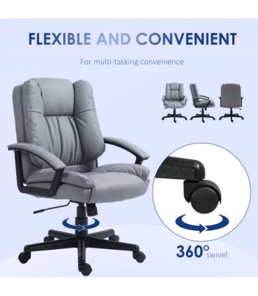 HOMCOM Faux Leather Home Office Chair Mid Back Desk Chair with Arms Light Grey