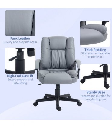 HOMCOM Faux Leather Home Office Chair Mid Back Desk Chair with Arms Light Grey