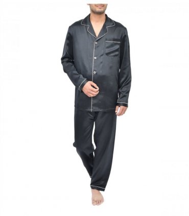 SILK PJS LONG SET MENS LARGE BLACK