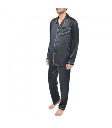 SILK PJS LONG SET MENS LARGE BLACK