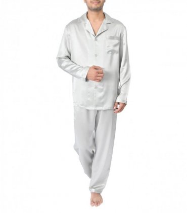 SILK PJS LONG SET MENS MEDIUM SILVER