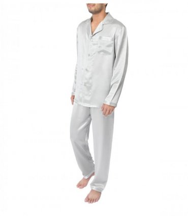 SILK PJS LONG SET MENS MEDIUM SILVER