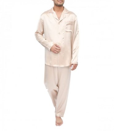 SILK PJS LONG SET MENS SMALL CHAMPAGNE