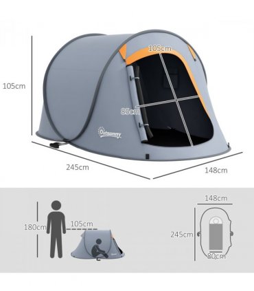 Outsunny Pop up Camping Tent for 2 Man, 2000mm Waterproof with Carry Bag, Grey
