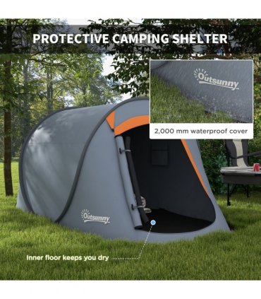 Outsunny Pop up Camping Tent for 2 Man, 2000mm Waterproof with Carry Bag, Grey