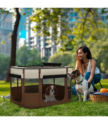 PawHut Portable Dog Pen for Puppies, Rabbits, Kittens, Guinea Pigs - Brown