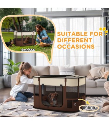 PawHut Portable Dog Pen for Puppies, Rabbits, Kittens, Guinea Pigs - Brown