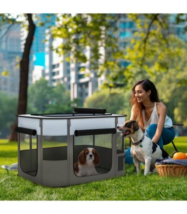 PawHut Portable Dog Pen for Puppies, Rabbits, Kittens, Guinea Pigs - Grey