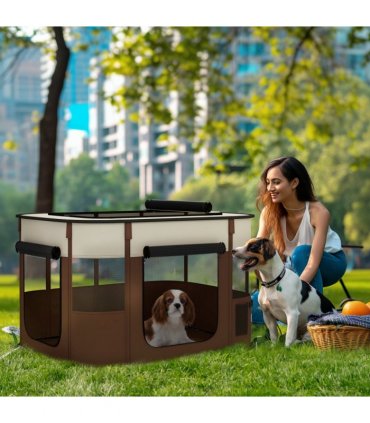 PawHut Portable Dog Pen for Puppies, Rabbits, Kittens, Guinea Pigs - Brown