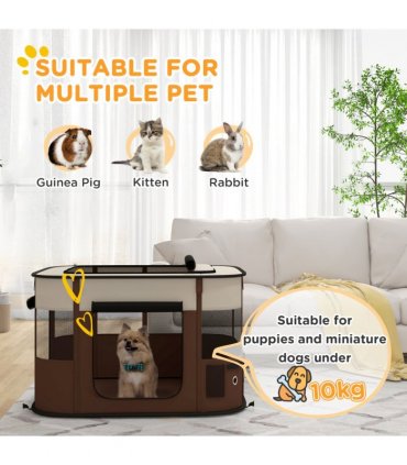 PawHut Portable Dog Pen for Puppies, Rabbits, Kittens, Guinea Pigs - Brown