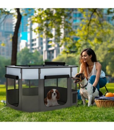 PawHut Portable Dog Pen for Puppies, Rabbits, Kittens, Guinea Pigs - Grey
