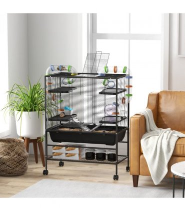 PawHut Large Hamster Cage, Rat Cage with Wheels, Tubes, Storage Shelf, Ramps