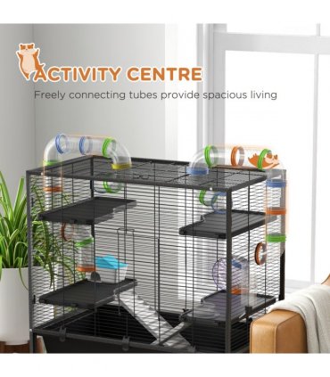 PawHut Large Hamster Cage, Rat Cage with Wheels, Tubes, Storage Shelf, Ramps