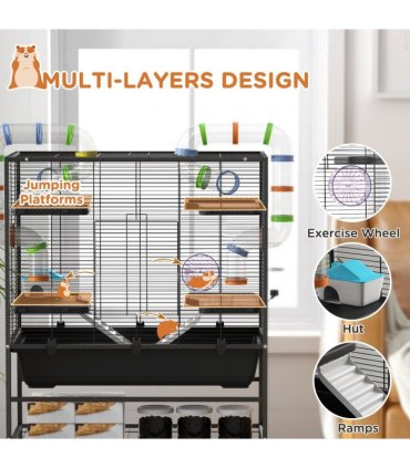 PawHut Large Hamster Cage, Rat Cage with Wheels, Tubes, Storage Shelf, Ramps