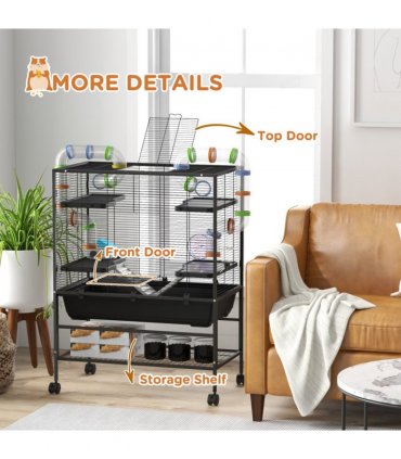 PawHut Large Hamster Cage, Rat Cage with Wheels, Tubes, Storage Shelf, Ramps