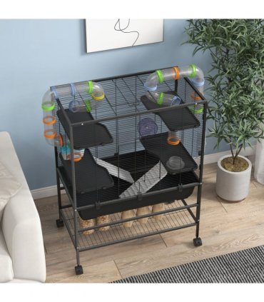 PawHut Large Hamster Cage, Rat Cage with Wheels, Tubes, Storage Shelf, Ramps