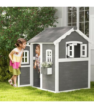 Outsunny Wooden Wendy House for Kids with Floor, for Gardens, Patios - Grey