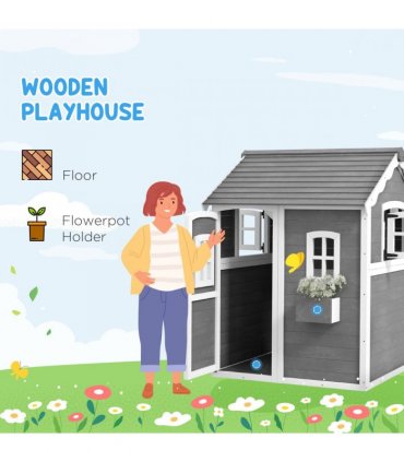 Outsunny Wooden Wendy House for Kids with Floor, for Gardens, Patios - Grey