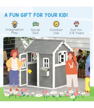 Outsunny Wooden Wendy House for Kids with Floor, for Gardens, Patios - Grey